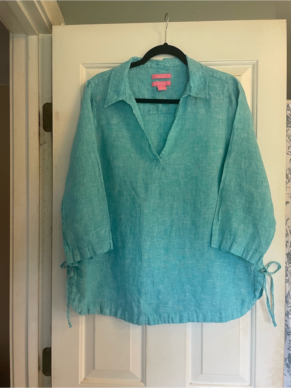Isaac Mizrahi Aqua Linen V-Neck Tunic with Side Ties